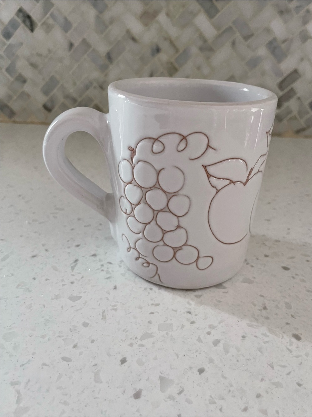 Vintage Pier 1 White Impressed Fruit Terracotta 30 Hand Painted Coffee Mug